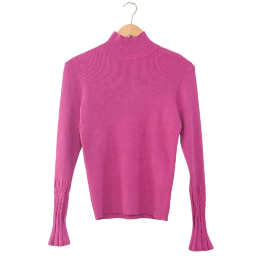 On 12th sz XL Metallic Pink Mockneck Ribbed Sweater with Flared Long Sleeves